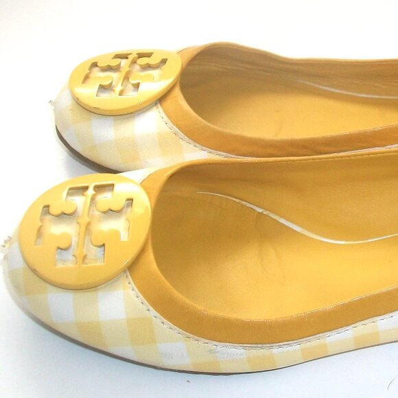 Tory Burch Minnie Yellow & White Gingham Ballet Flats w Yellow Patent Logo - Picture 7 of 9